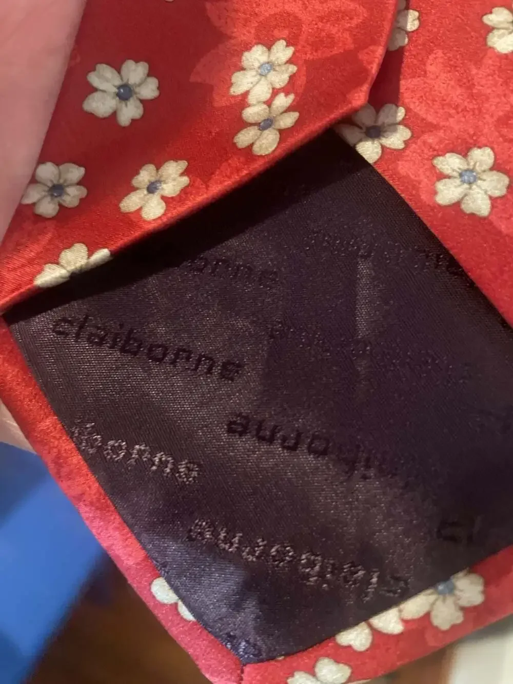 Claiborne Red Silk Tie with White and Floral Blossom Pattern